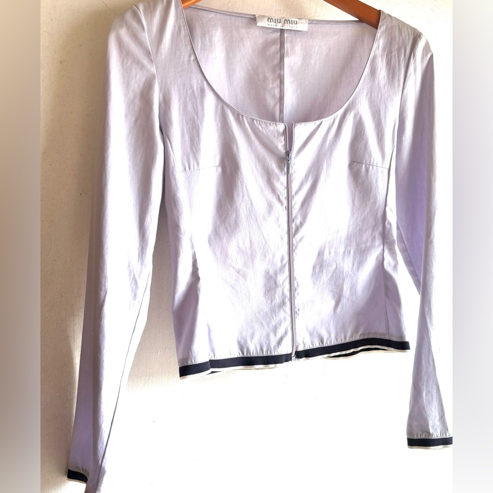 Vintage miu miu Zip Silver Lavender Cotton Top with Black Trim. Size 40 EU.